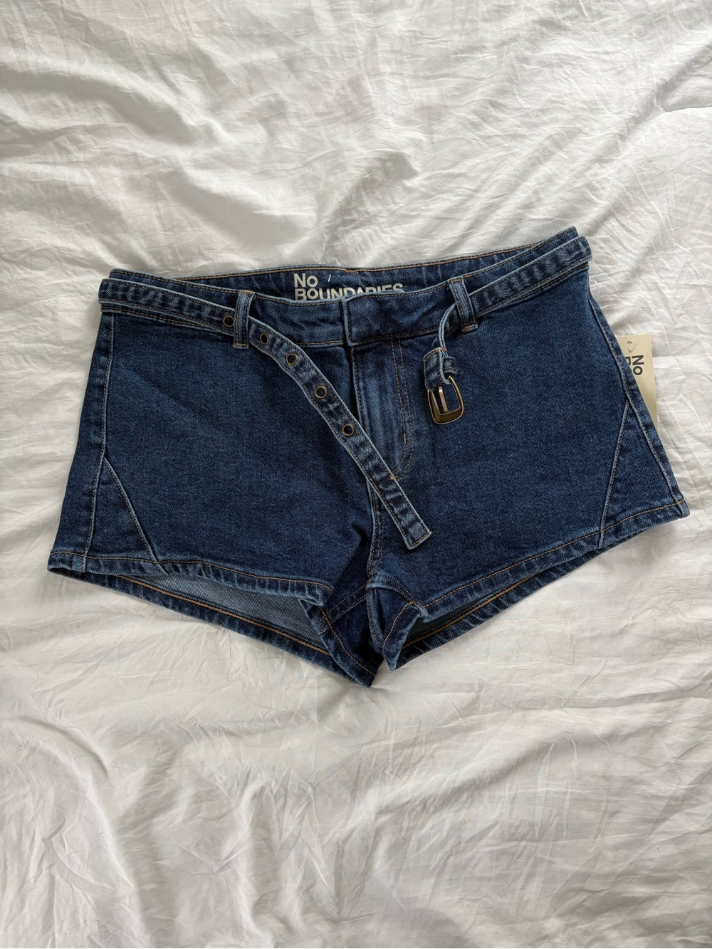 No Boundaries Deep Blue Denim High-Rise Jean Shorts with Belt Detail